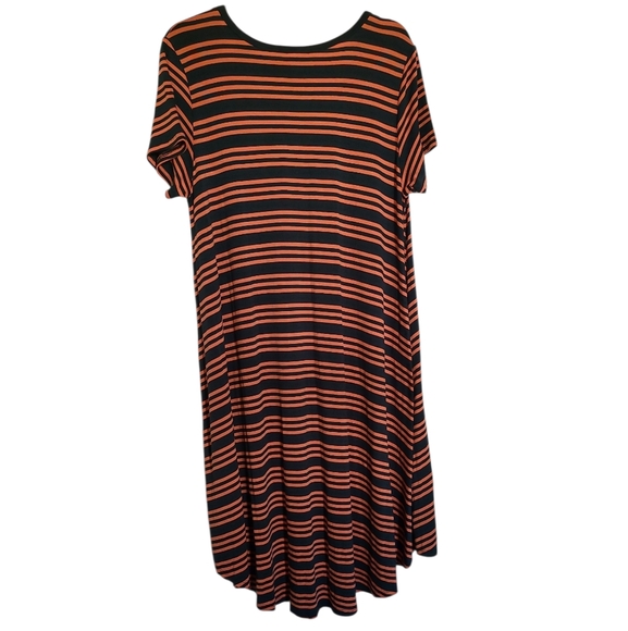 LLR LuLaRoe Carly Striped Navy Blue & Orange Maxi Dress Sz L - Picture 2 of 6